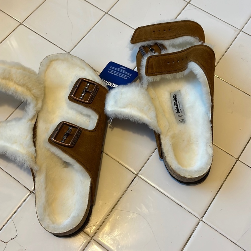 NWT Birkenstock Arizona Shearling Suede Leather Size 10 Mink Suede. - Picture 11 of 16